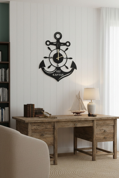 Grandmix Kişiye Özel İsimli Metal Çapa Dümen Duvar Saati 60x46 cm Dekoratif Sessiz Kaptan Saati