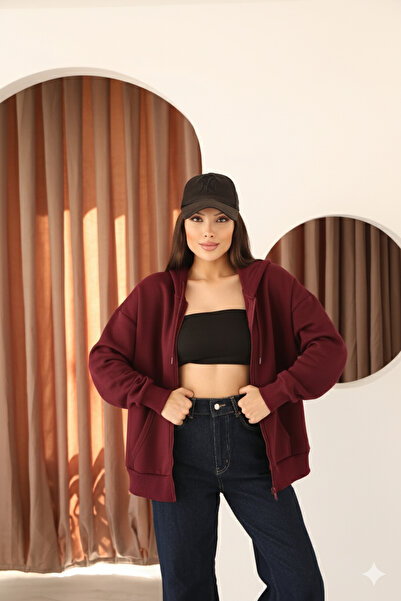 MOVİMENT Claret Red Oversized Women's Sweatshirt with Fleece and Zipper Detail K Hooded