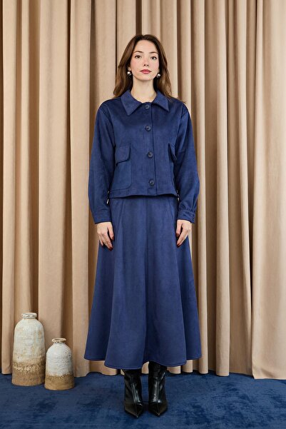 Puane Women's Pocket Detailed Scuba Suede Jacket Set - 14397Tkm - Navy