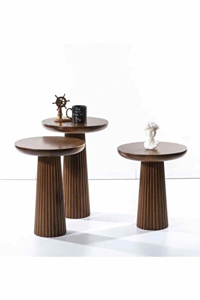 Genel Markalar Ahşap 3’lü Set Fitilli Mantar Yan Sehpa Modern Ceviz Renk Fisk...