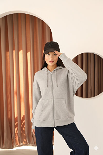 MOVİMENT Gray Oversized K Hooded Women's Sweatshirt with Fleece and Zipper Detail