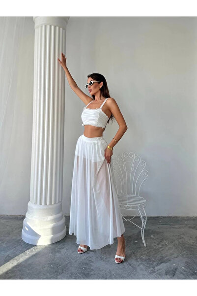 Buklemoda Tulle Skirt Blouse Bottom Top Set White