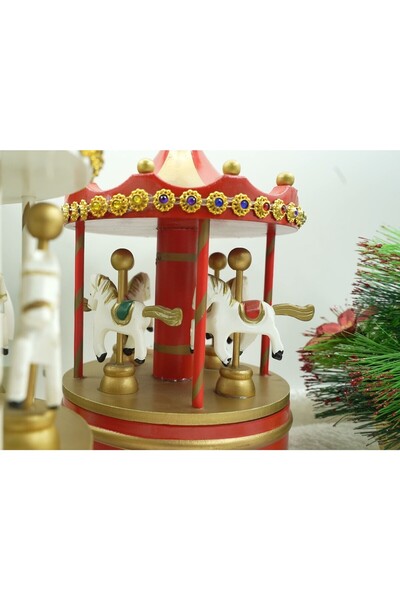 Flippy Christmas decorated music box, Rotating carousel, Red, Wooden, Indoor,