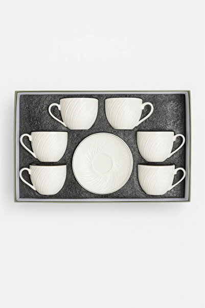 Urbanza طقم فناجين شاي وقهوة سيراميك أبيض مكون من 6 قطع مع صحن بنقشة مموجة