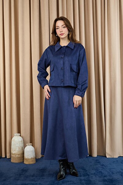 Puane Women's Pocket Detailed Scuba Suede Jacket Set - 14397Tkm - Navy