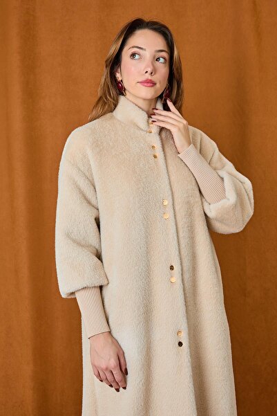Puane Women's Double Row Snap Buttons Sleeves Ribbed Knit Piece Coat - 15230Kbn - Beige