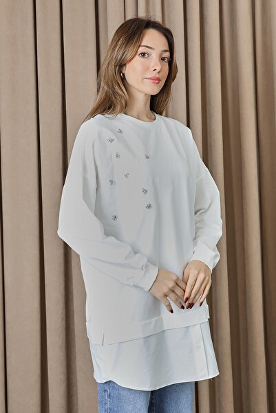 Puane Women's Floral Embroidered and Embroidered g Paneled Tunic - 10739Tun - Ecru
