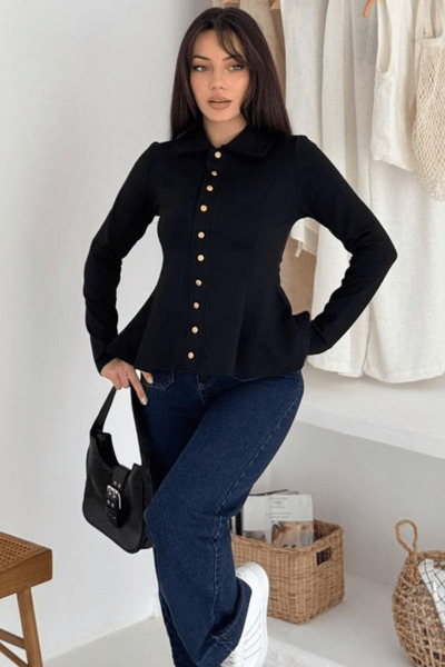cemo Kadın Altın Düğmeli Peplum Gömlek – Güçlü & Şehirli Stil