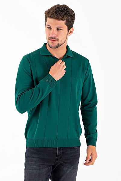 JB John Borners Ανδρικό πλεκτό πουλόβερ με φαρδιά ρίγα με λαιμόκοψη πόλο πράσινο - K-2603