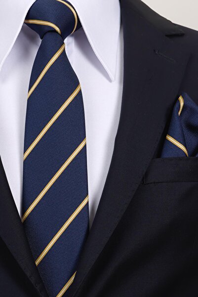 Esgue 8 cm Yellow Navy Blue Striped Hand Made Classic Wide Tie