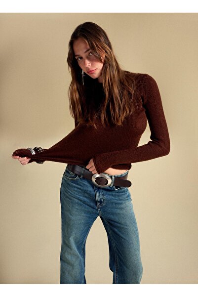 People By Fabrika Kayık Yaka Slim Fit Düz Kahve Kazak Kadın PBF5WL-KZK5100