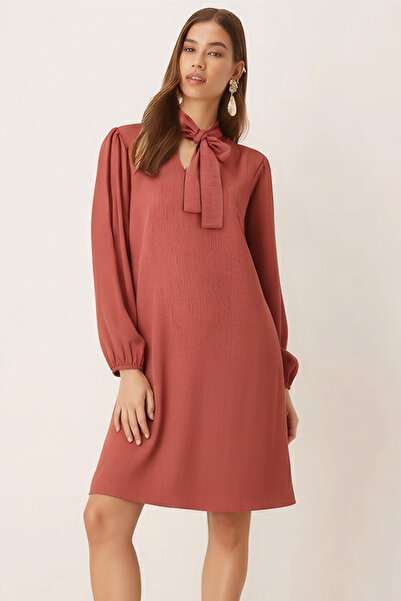 armonika Women's Salmon Collar Tie-Up Sleeves Elasticated Velvet Dress Arm-25K001087