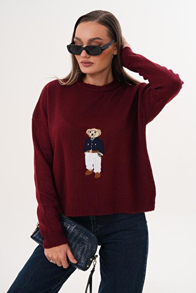 ŞİMAL Tricotaj cu căptușeală din fleece pentru femei cu broderie de ursuleț din material subțire Pulover 255192 -