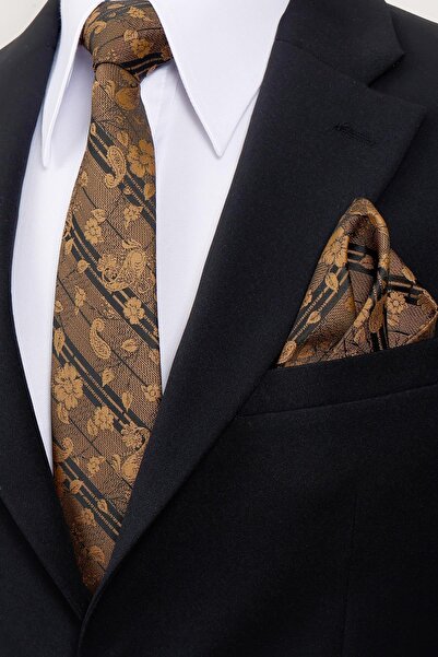 Esgue 8 cm Gold Black Floral Patterned Hand Made Classic Wide Handkerchief Tie