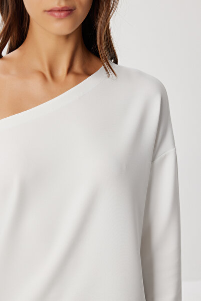 LACHT Women's Ecru Shoulder Open Boat Neck Soft Modal Fabric Relaxed Fit Blouse