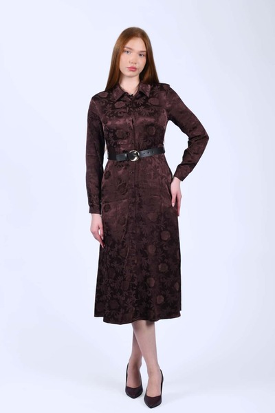 la luce Kahve Desenli Kemerli Midi Gömlek Elbise - LE600