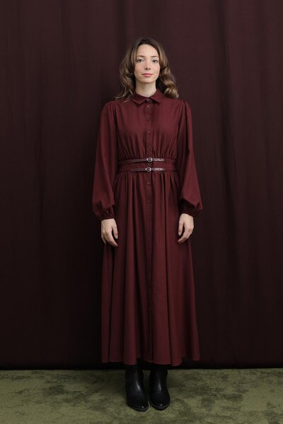 Loreen Women's Double Belted Dress - 20700Elb - Burgundy