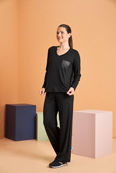 PJS Set de trening cu mâneci lungi din țesătură din viscoză material elastic cu decolteu în V pentru femei