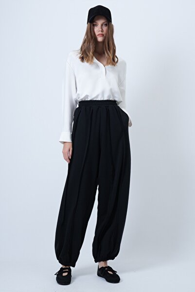 VAGGON Women's Black Stitching Detailed Elasticated Leg Jogger Pants Prmx14664