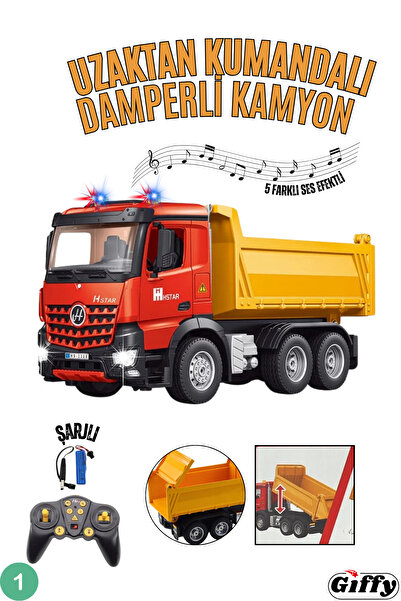 giffy Oyuncak Uzaktan Kumandalı Damperli Kamyon ve Beton Mikseri Şarjlı İş Makinesi İkili Set Sesli Işıklı