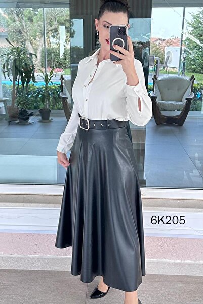 İnce Topuk Belted Leather Skirt 6K205