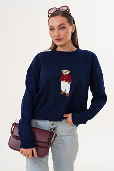 ŞİMAL Tricotaj cu căptușeală din fleece pentru femei cu broderie de ursuleț din material subțire Pulover 255192 -