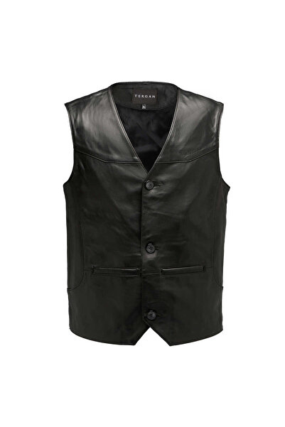Tergan Siyah Hakiki Deri Erkek Hakiki Deri Yelek - E25KDY310617-Q3H