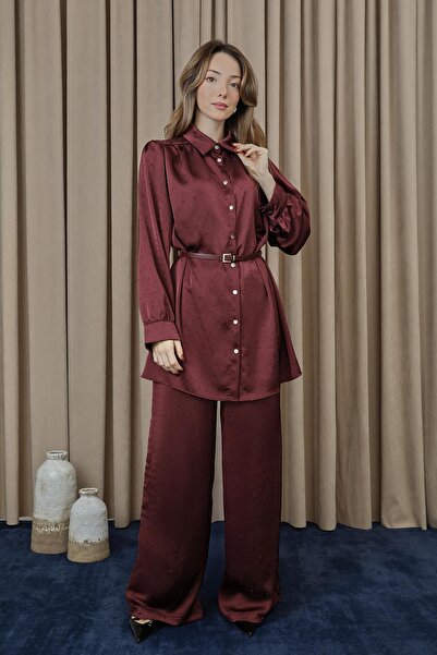Puane Women's Tunic Pants Set with Belt and Stone Detail - 14338Tks - Burgundy