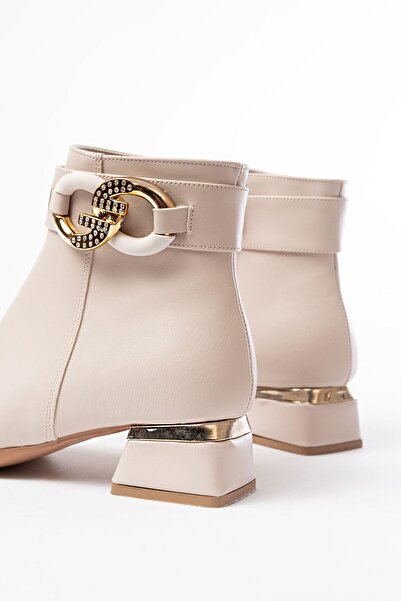 Aymood Rm-504 Beige Buckle Accessory Heeled Zippered Casual Women's Boots