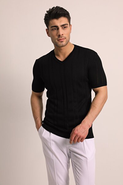 Fc Plus SiYAH V YAKA TRİKO ERKEK TSHIRT - SLIM FIT