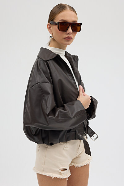 Jaglion Luvren AcıKahve PB Oversize Bomber Шкіряна куртка з поясом