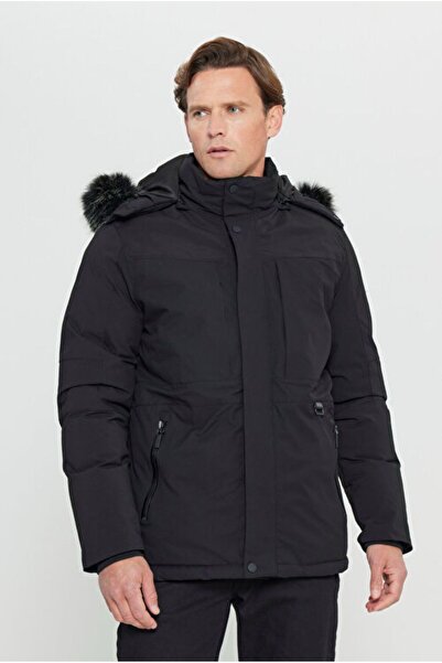 ALTINYILDIZ CLASSICS Standard Fit Regular Cut Shearling Hooded Zippered Side Pockets Thick Padded Black Coat