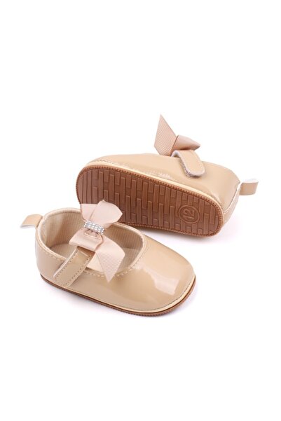 BebeNou Cream Patent Baby Shoes with Bow and Rhinestones