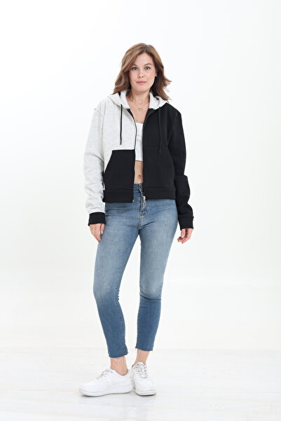 Tight Lady Puff 3-Thread Fleece Inside Asymmetric Color Block Belted Zippered Cardigan