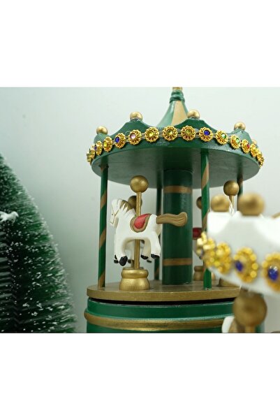 Flippy Christmas decorated music box, Rotating carousel, Green, Wooden, Indoor,