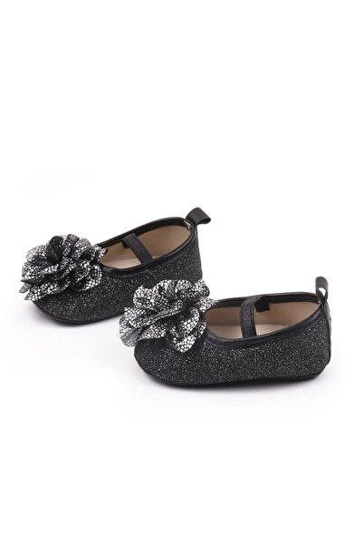 BebeNou Elegant Black Glitter Shoes with Silver Flower