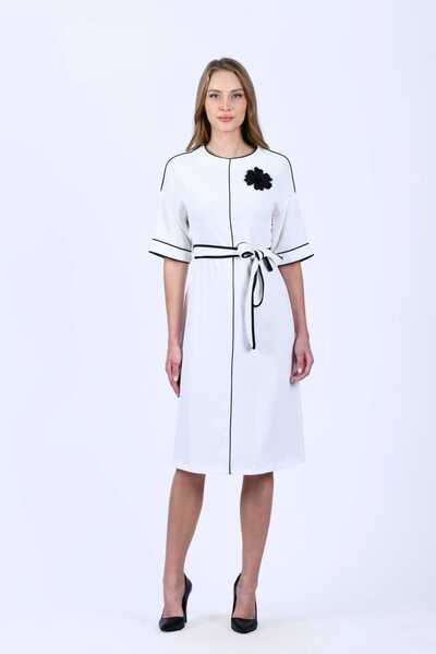 la luce Ecru Siyah Kontrastlı Çiçek İşlemeli Saten Elbise - LE582