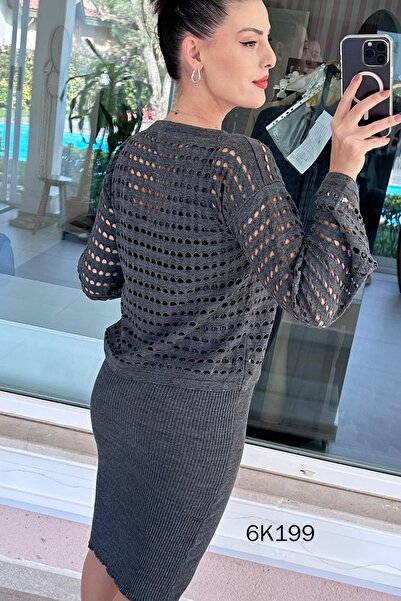 İnce Topuk Lace-Like Knit Blouse Knitwear Dress 2-Piece Set 6K199
