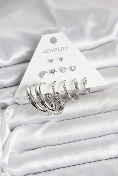 Clariss Brass Silver Color Ring Model 6 Pairs Women's Earrings