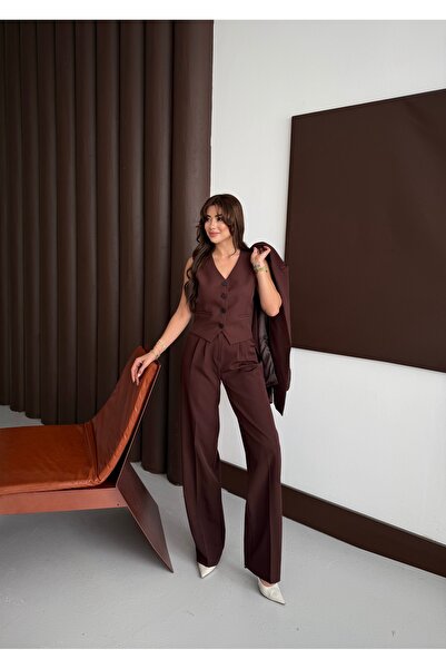 HOEK Women's Brown Blazer Jacket Pants Vest Suit