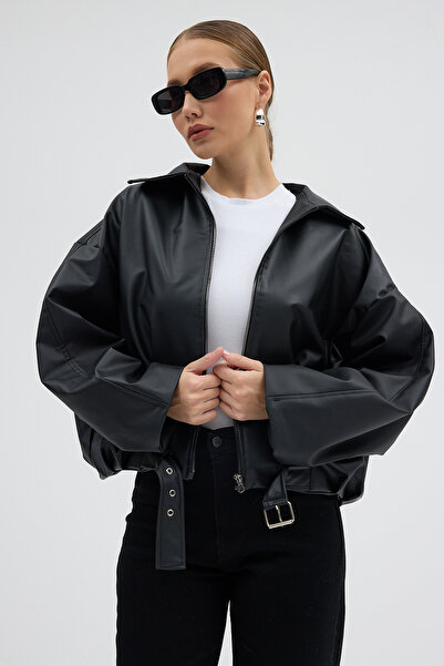 Jaglion Luvren Black Trend Oversized Bomber Belted Leather Jacket