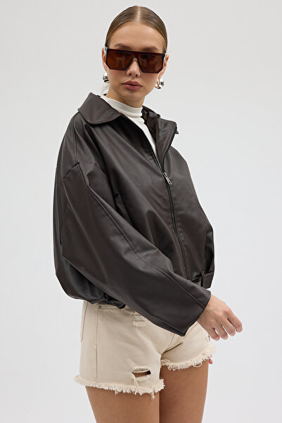 Jaglion Luvren AcıKahve PB Oversize Bomber Шкіряна куртка з поясом