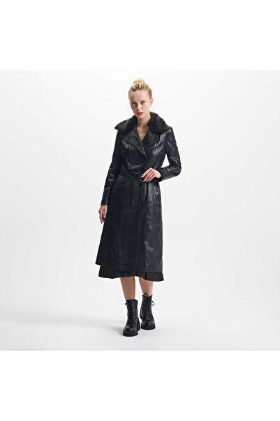 Tergan Siyah Hakiki Deri Kadın Hakiki Deri Trençkot - K25KDM320477-Q3H
