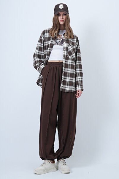 VAGGON Women's Bitter Brown Stitching Detailed Elasticated Leg Jogger Pants Prmx14664