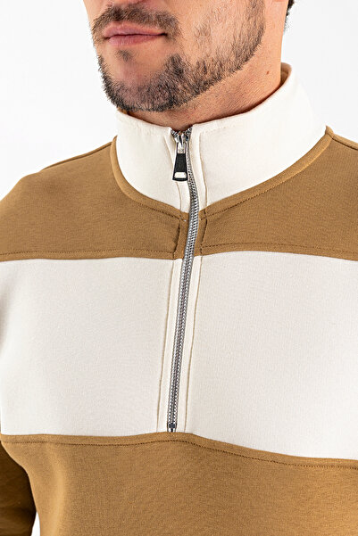 JB John Borners Ανδρικό φούτερ με μισό φερμουάρ ψηλός λαιμός με ρίγες μπεζ - 26K 8507Â