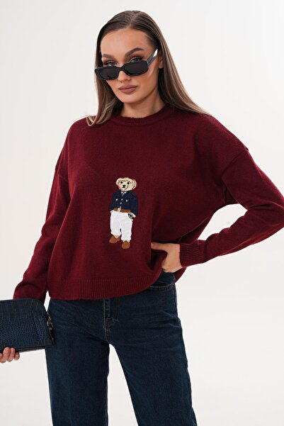 ŞİMAL Tricotaj cu căptușeală din fleece pentru femei cu broderie de ursuleț din material subțire Pulover 255192 -