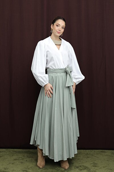 Soul Women's Waist Belted Asymmetrical Cut Skirt - 32420Etk - Almond Green