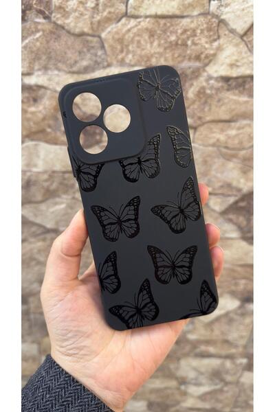 Vip Case Realme C63 Uyumlu Siyah Kelebek Desenli Silikon Darbe Emici Klasik Korumalı Rubber Kılıf