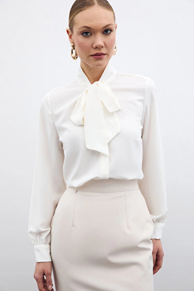 Sateen Cămașă solidă cu guler legat - Ecru