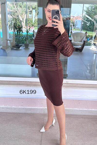 İnce Topuk Lace-Like Knit Blouse Knitwear Dress 2-Piece Set 6K199